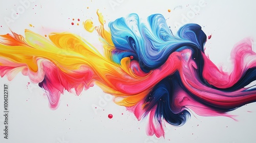 Fluid, organic shapes in bright colors swirling across a white background, creating a dynamic, abstract design.