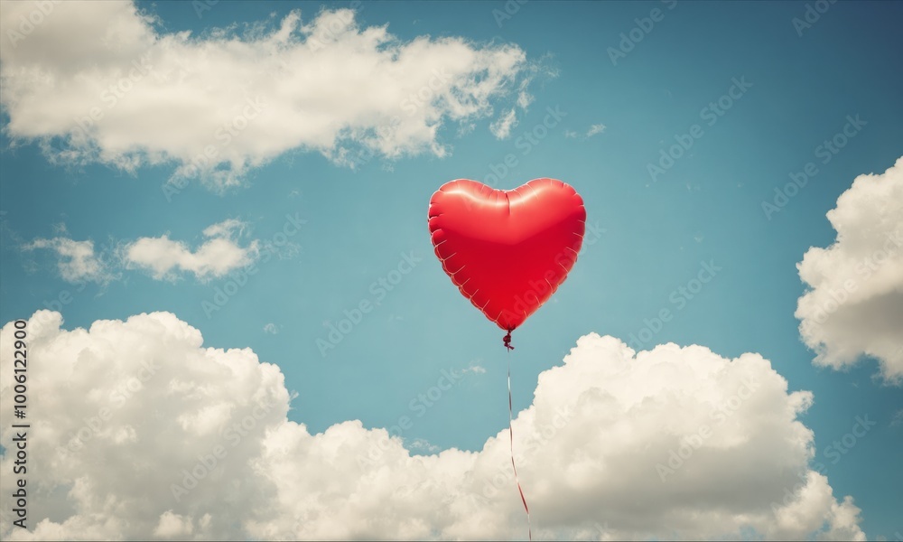 Red heart-shaped balloon floating in a blue sky with white clouds Red heart-shaped balloon floating in a blue sky with white clouds