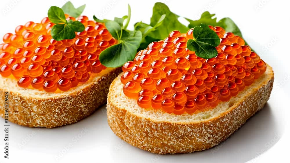 Two pieces of bread topped with red caviar and garnished with green herbs Two pieces of bread topped with red caviar and garnished with green herbs