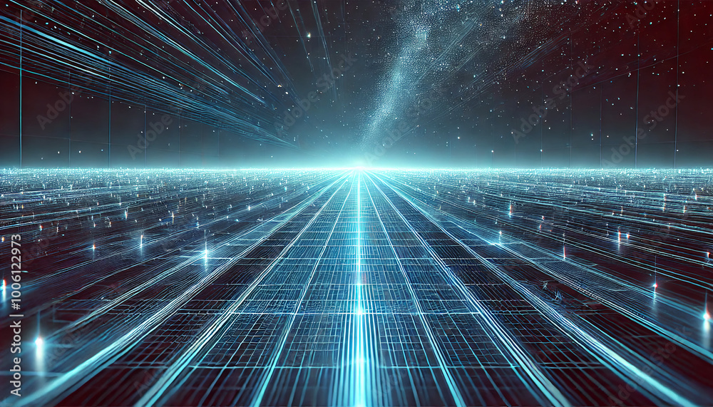 A striking futuristic scene featuring an expansive grid of glowing blue lines stretching into the distant horizon, set against a dark starry sky A striking futuristic scene featuring an expansive grid of glowing blue lines stretching into the distant horizon, set against a dark starry sky