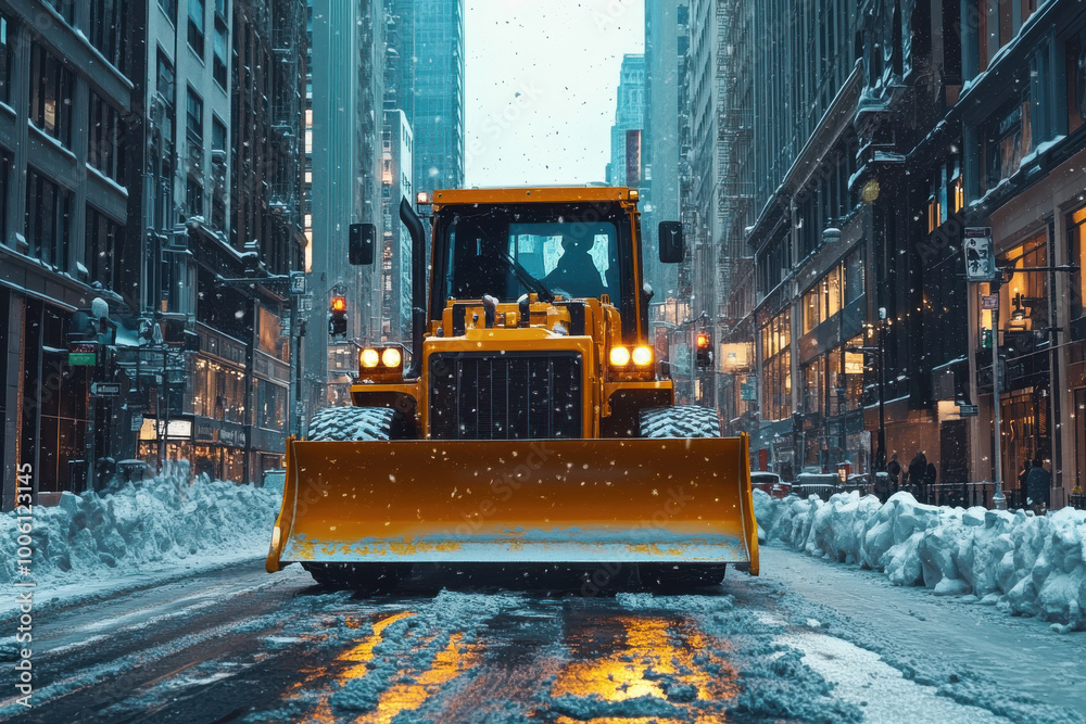 Yellow bulldozer clearing snow in New York City, with buildings and streetlights, cinematic style Yellow bulldozer clearing snow in New York City, with buildings and streetlights, cinematic style