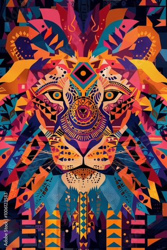 Flat lay of a lion head featuring colorful tribal patterns.