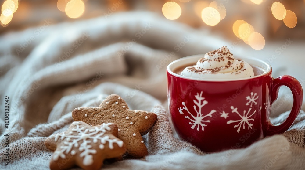 mug of hot cocoa with marshmallows and blurred christmas lights background mug of hot cocoa with marshmallows and blurred christmas lights background