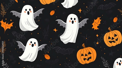 Cute Halloween pattern with friendly ghosts, tiny bats, and pumpkins on a black backdrop