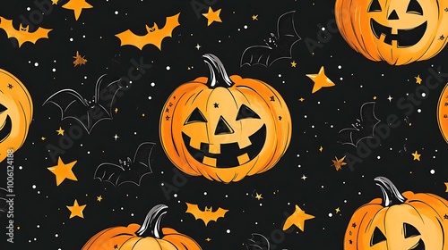 Cute Halloween pattern with smiling pumpkins, tiny bats, and stars on a black background