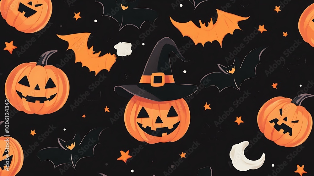 Cute spooky Halloween pattern with bats, witches' hats, and jack-o-lanterns on a black backdrop Cute spooky Halloween pattern with bats, witches' hats, and jack-o-lanterns on a black backdrop
