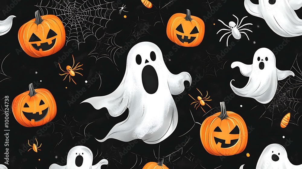 Halloween design with friendly ghosts, pumpkins, and spiders on a black background Halloween design with friendly ghosts, pumpkins, and spiders on a black background