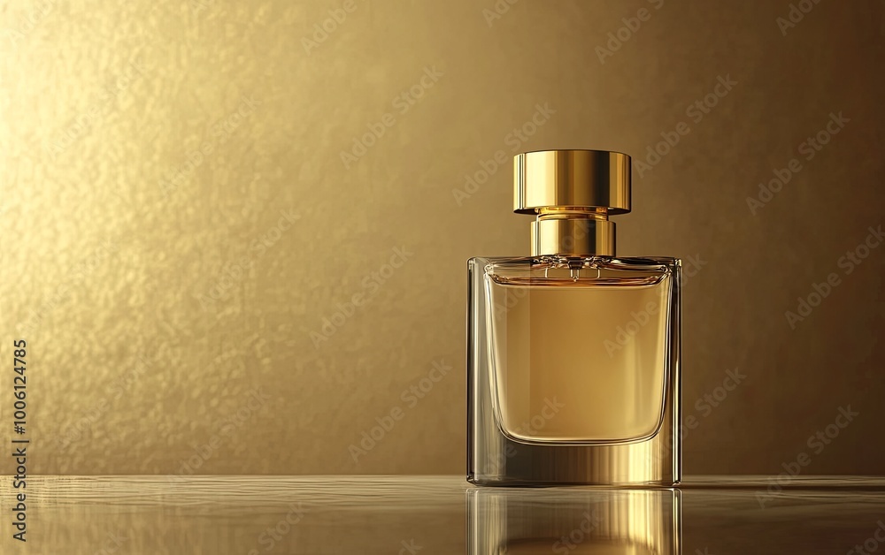 A luxurious perfume bottle with a golden cap, set against a shimmering gold background, exuding elegance and sophistication. A luxurious perfume bottle with a golden cap, set against a shimmering gold background, exuding elegance and sophistication.