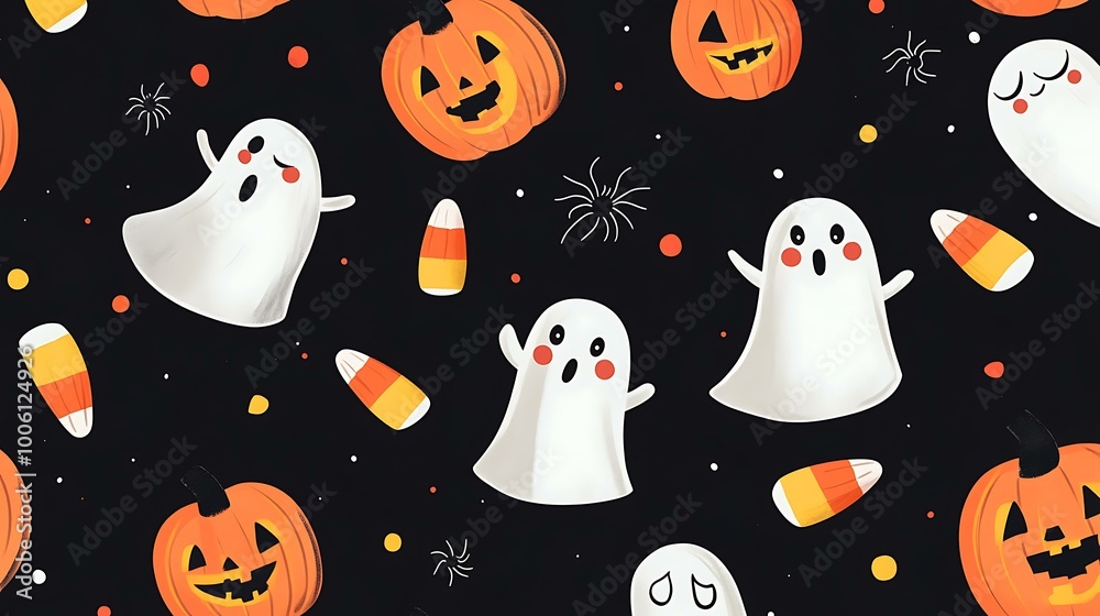 Halloween-themed pattern with adorable ghosts, spiders, and candy corn against a dark black backdrop Halloween-themed pattern with adorable ghosts, spiders, and candy corn against a dark black backdrop