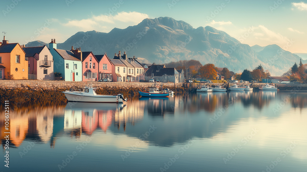 Fototapeta premium A tranquil fishing village set against mountains, reflected in the water. Colorful houses line the waterfront, with small fishing boats moored nearby