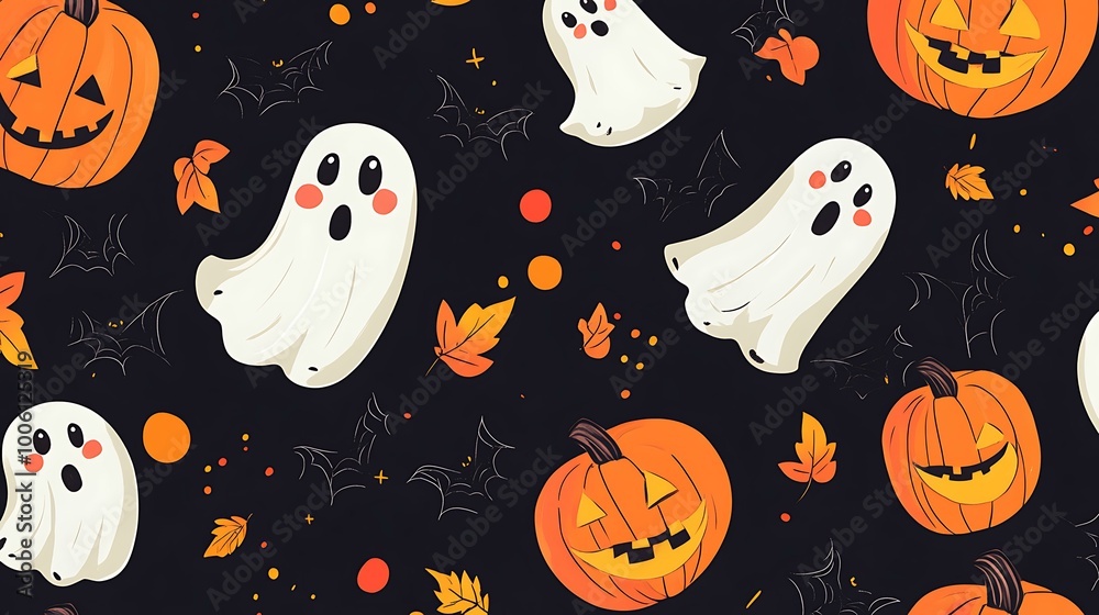 Spooky and sweet Halloween pattern with adorable ghosts and pumpkins on a black backdrop