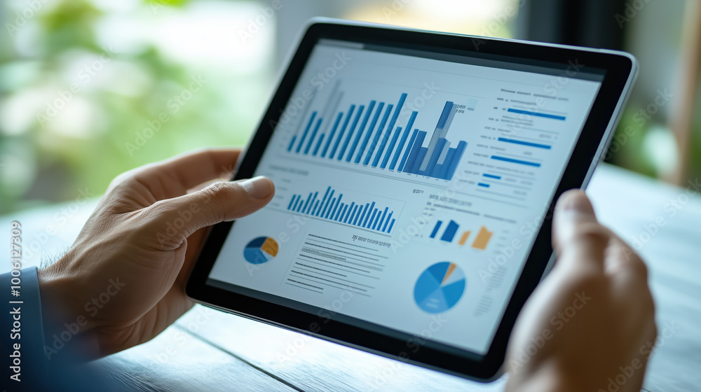Data analysis on tablet screen displaying various graphs and charts Data analysis on tablet screen displaying various graphs and charts