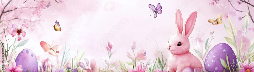 Panoramic Easter composition on a pink background depicting a hare and Easter eggs Panoramic Easter composition on a pink background depicting a hare and Easter eggs