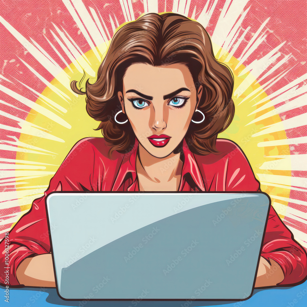 Pop art-style illustration of a determined woman working on a laptop, with an intense expression and vibrant rays behind her. Pop art-style illustration of a determined woman working on a laptop, with an intense expression and vibrant rays behind her.