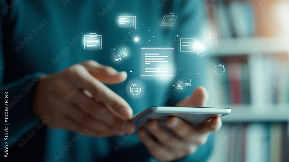 Hands raising a tablet icon, symbolizing e-learning, with an array of floating digital books, graphs, and virtual classrooms in the background, all set against a clean and bright b Hands raising a tablet icon, symbolizing e-learning, with an array of floating digital books, graphs, and virtual classrooms in the background, all set against a clean and bright b