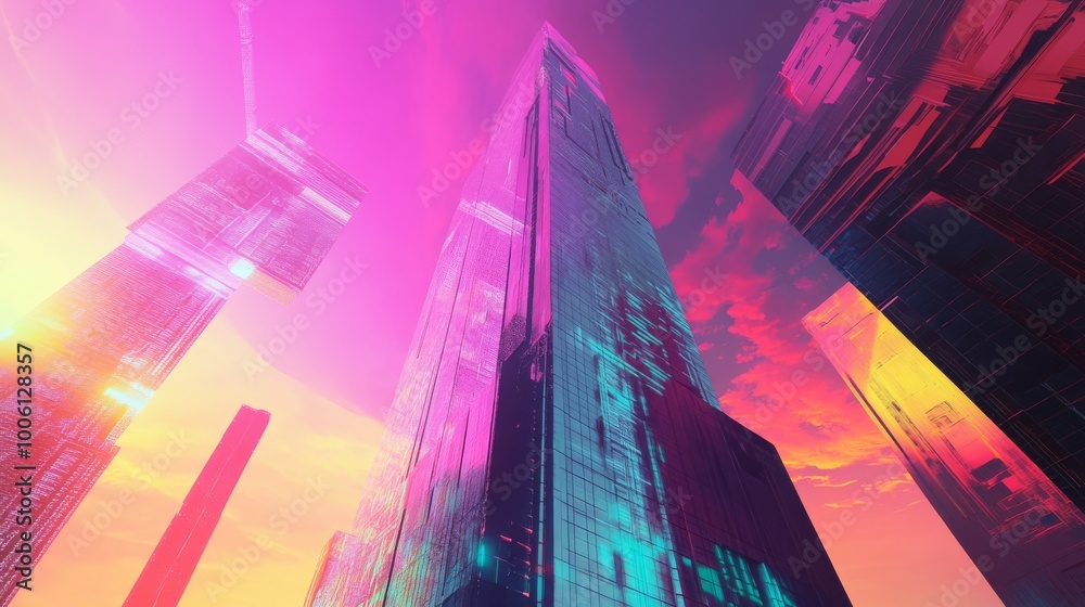 Futuristic Skyscrapers with Neon Lights Against a Vibrant Sunset Sky in a Modern Cityscape Futuristic Skyscrapers with Neon Lights Against a Vibrant Sunset Sky in a Modern Cityscape