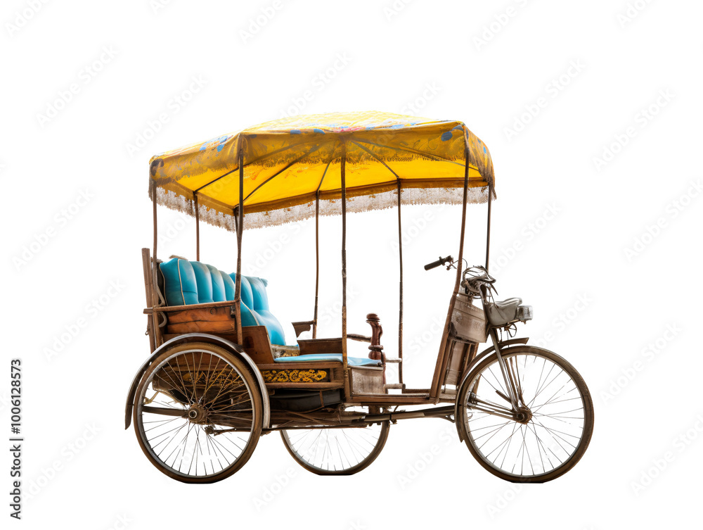 a rickshaw with a yellow canopy