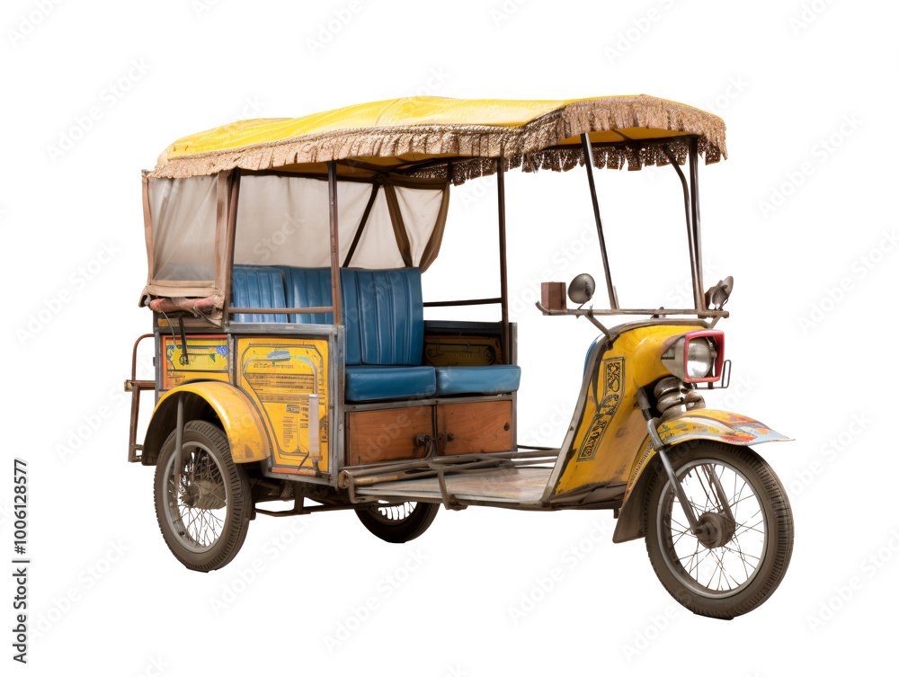a yellow vehicle with a blue seat a yellow vehicle with a blue seat