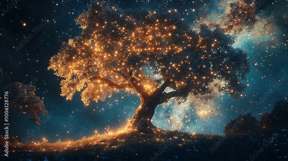 Fototapeta premium Grand tree underneath glowing starry sky at night picture