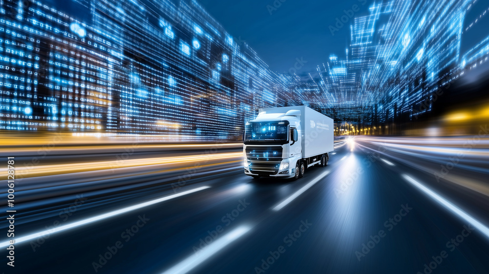 Fototapeta premium An AI-powered self-driving truck zooming down a multi-lane smart highway, surrounded by digital interface graphics representing real-time cargo tracking and route optimization in a