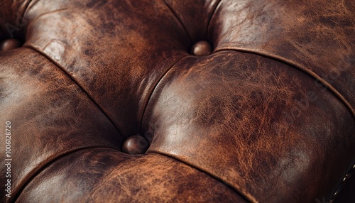 Close-up of brown leather upholstery with button tufting.