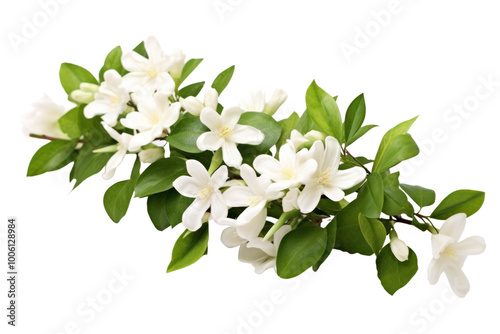 Branch of delicate white jasmine flowers with lush green leaves, elegantly arranged against a pristine white background photo