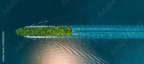 Container ship with green Leave. green transportation industry eco shipping for sustainable energy saving environmental low carbon. Express Cargo Container Ship with contrail in the ocean © Yellow Boat