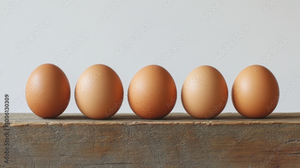 Three brown chicken eggs on a rustic wooden surface with a white background. Minimal composition emphasizing the natural texture. Three brown chicken eggs on a rustic wooden surface with a white background. Minimal composition emphasizing the natural texture.