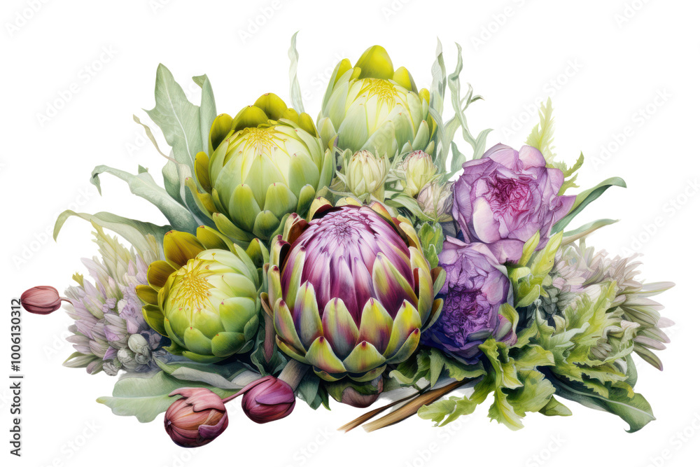 Obraz premium Artistic arrangement of artichokes in full bloom, showcasing their layered, vibrant petals with a clean white background