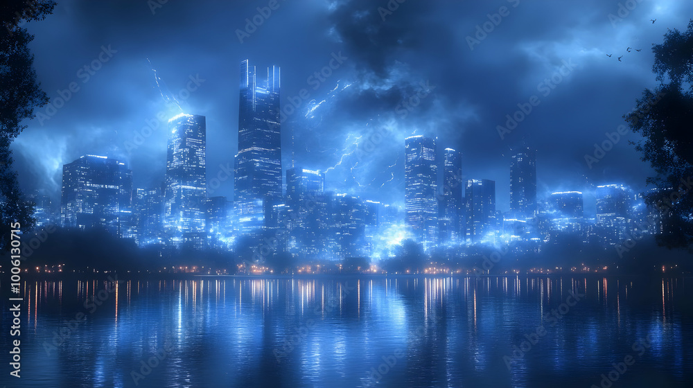 Cityscape with Lightning Strikes and Reflections in Water Cityscape with Lightning Strikes and Reflections in Water