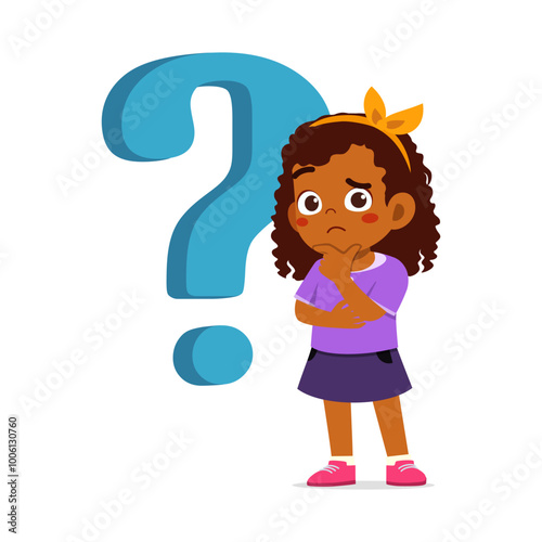 little kid feeling curious and stand beside question mark