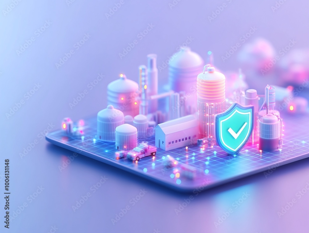 Modern digital cityscape with industrial buildings and a security shield icon, representing innovation and protection. Smart factory concept. Modern digital cityscape with industrial buildings and a security shield icon, representing innovation and protection. Smart factory concept.