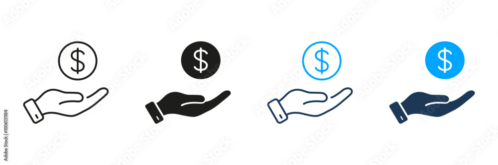 Dollar Coin in Human Hand Line and Silhouette Icon Set. Finance Payment, Salary Pictogram. Business Wealth Symbol. Save Money Sign. Financial Economy. Editable Stroke. Isolated Vector Illustration Dollar Coin in Human Hand Line and Silhouette Icon Set. Finance Payment, Salary Pictogram. Business Wealth Symbol. Save Money Sign. Financial Economy. Editable Stroke. Isolated Vector Illustration