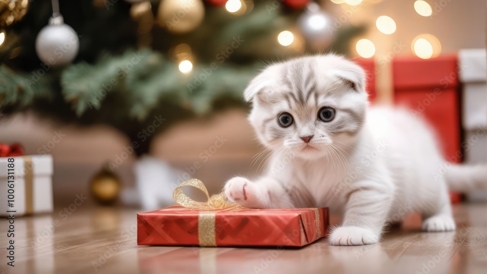 A fluffy white Scottish Fold kitten with blue eyes is playing with a red Christmas gift box. A fluffy white Scottish Fold kitten with blue eyes is playing with a red Christmas gift box.