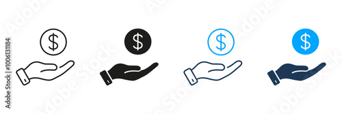 Dollar Coin in Human Hand Line and Silhouette Icon Set. Finance Payment, Salary Pictogram. Business Wealth Symbol. Save Money Sign. Financial Economy. Editable Stroke. Isolated Vector Illustration