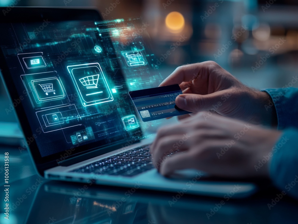 2408 4.A scene of a man working on his laptop, with a vibrant online shopping cart interface on the screen. Icons representing financial technology, payment gateways, and e-commerce are visible. He 2408 4.A scene of a man working on his laptop, with a vibrant online shopping cart interface on the screen. Icons representing financial technology, payment gateways, and e-commerce are visible. He