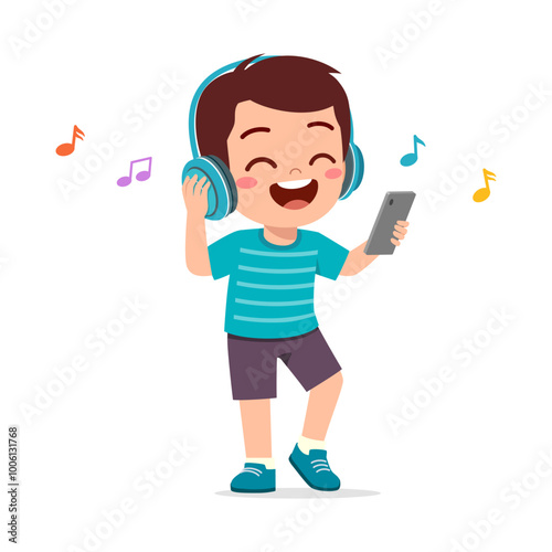 little kid wear headphone to listening music