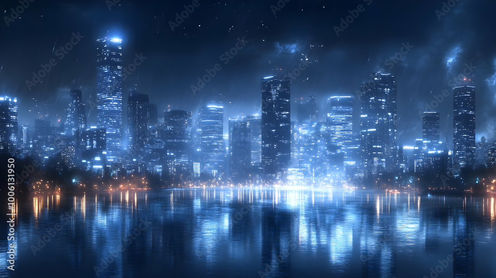 Obraz premium Cityscape at Night with Rain and Reflections