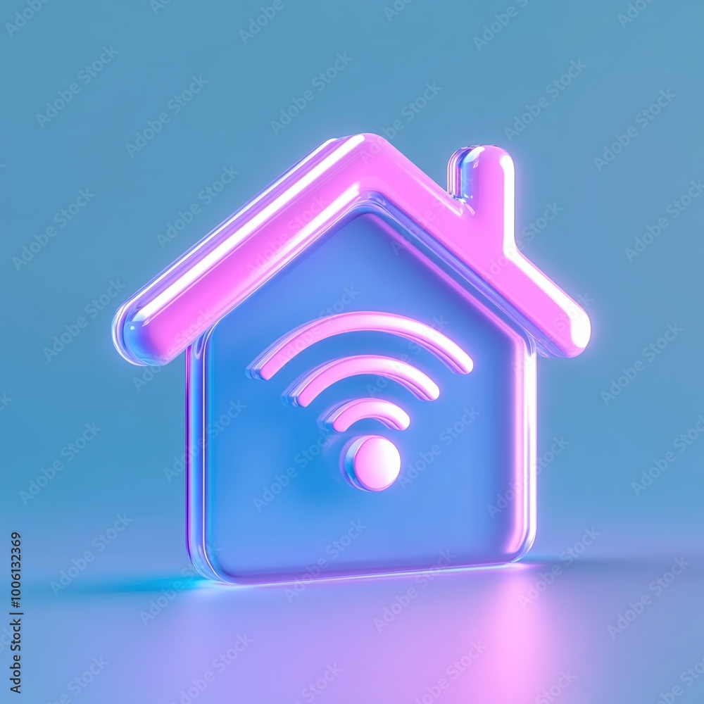 Modern smart home icon with wireless signal, glowing design on a gradient background. Modern smart home icon with wireless signal, glowing design on a gradient background.