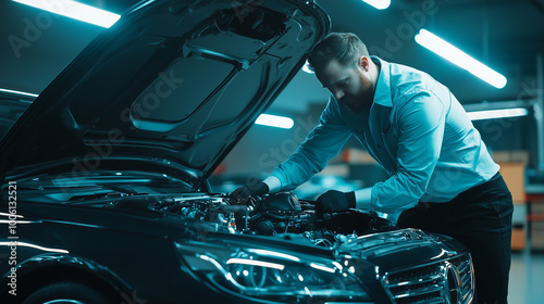 A professional mechanic with rolled-up sleeves leans over the open hood of a luxury car in a well-lit workshop, working meticulously on the engine under the focused lights.