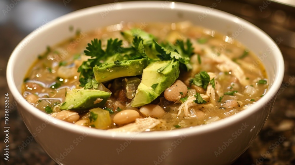 Chicken Avocado Soup in Rustic Bowl on Table. White Turkey Chili with Avocado Chicken Avocado Soup in Rustic Bowl on Table. White Turkey Chili with Avocado