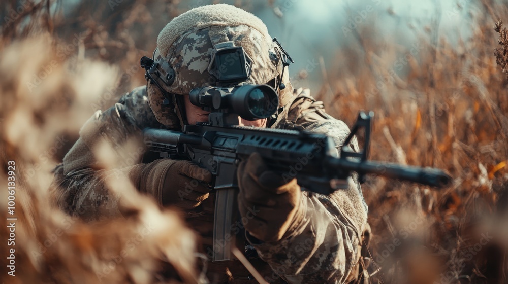 Military Sniper in Camouflage Aiming Rifle in the Field Military Sniper in Camouflage Aiming Rifle in the Field