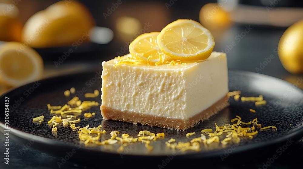 Close-up view of a lemon cheesecake slice on a black ceramic plate, surrounded by lemon zest and lemon slices, soft warm lighting enhancing creamy texture, Close-up view of a lemon cheesecake slice on a black ceramic plate, surrounded by lemon zest and lemon slices, soft warm lighting enhancing creamy texture,