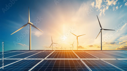 A panoramic view of a renewable energy facility with lines of Li-ion batteries, towering wind turbines, and solar panels soaking up the sun, set against a bright blue sky.