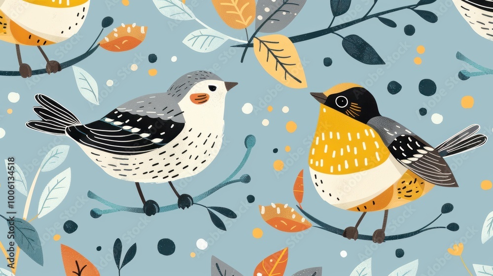 Charming Bird Illustration with Leaves and Berries Pattern Charming Bird Illustration with Leaves and Berries Pattern