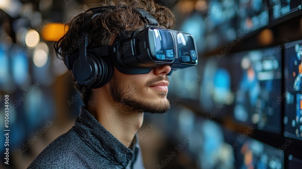 Young Man Experiencing Virtual Reality in a Tech-Filled Environment Young Man Experiencing Virtual Reality in a Tech-Filled Environment