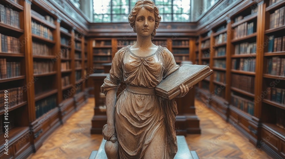 Fototapeta premium Statue of a Woman Holding a Book in a Classic Library