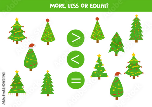 Grater, less or equal with cartoon Christmas trees.
