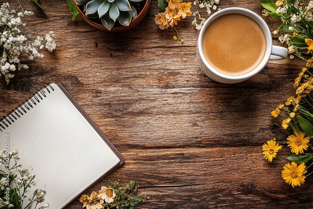 An overhead flat lay shot of a modern workspace setup on a rustic wooden desk.