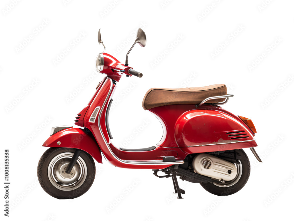 a red scooter with a brown seat a red scooter with a brown seat